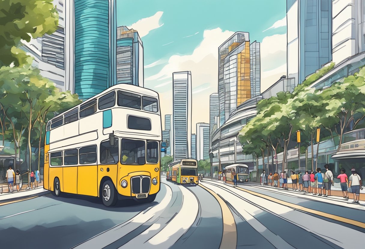 A double-decker bus drives through Singapore's iconic landmarks, with tourists taking photos and listening to a guide's commentary