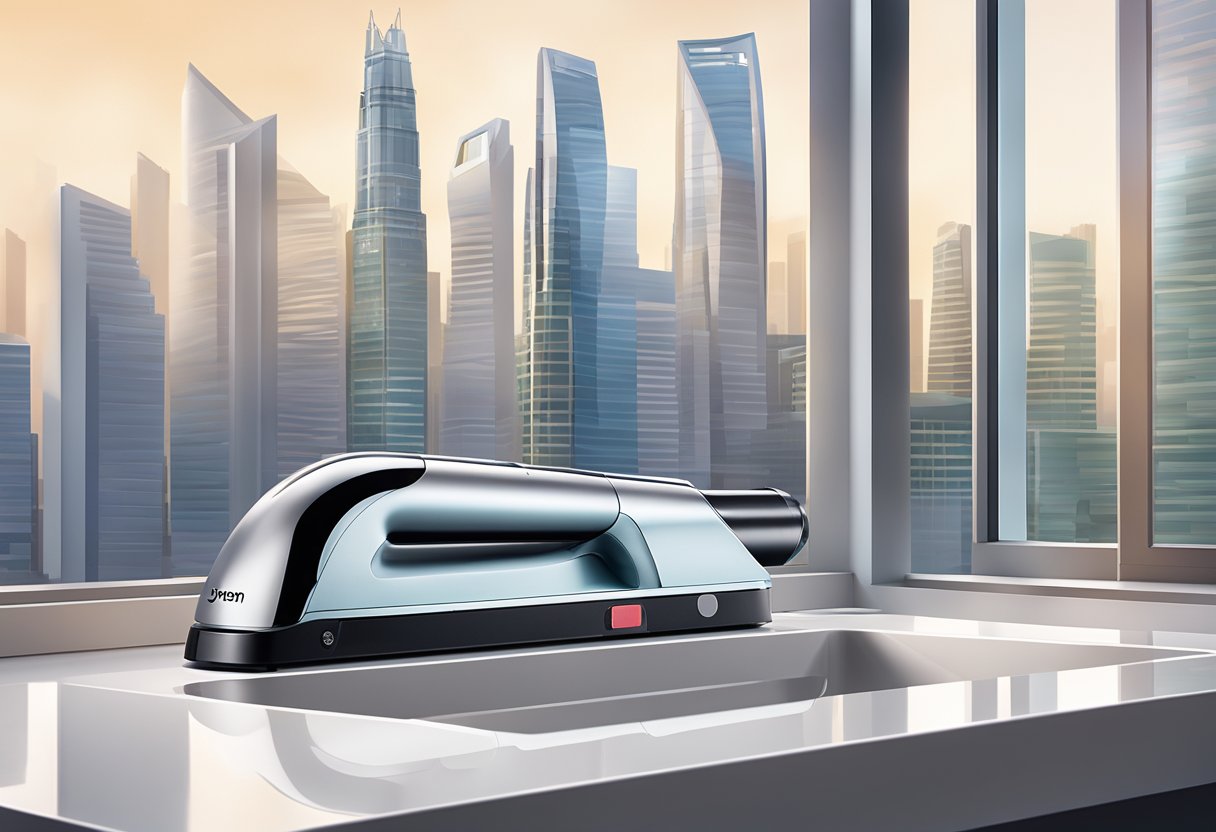 A sleek Dyson straightener sits on a clean, modern bathroom countertop in Singapore. The city's skyline is visible through the window, adding a touch of urban sophistication to the scene