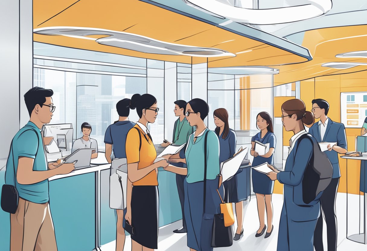 A customer service representative handing out brochures at a Baxter Singapore booth, with a line of people waiting to ask questions