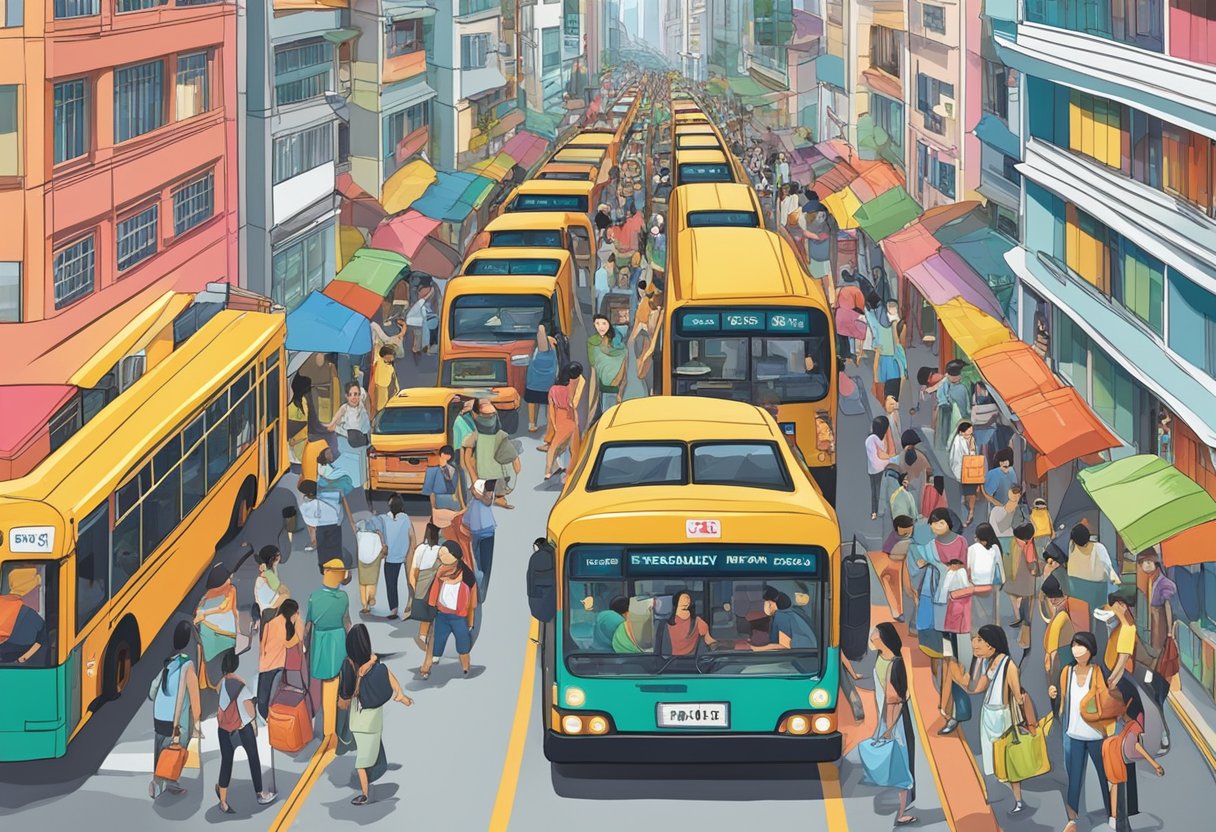 A colorful Singapore bus with "Frequently Asked Questions" signage, surrounded by bustling city streets and diverse pedestrians