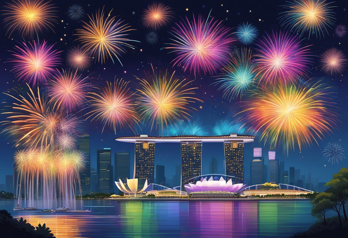 Colorful fireworks light up the night sky over Singapore, bursting and cascading in a dazzling display of vibrant hues and patterns