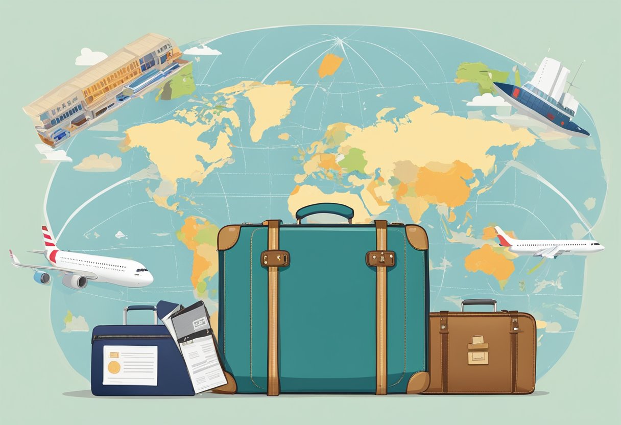 A map of the world, with a dotted line from Singapore to London, surrounded by travel essentials like a passport, plane tickets, and a suitcase