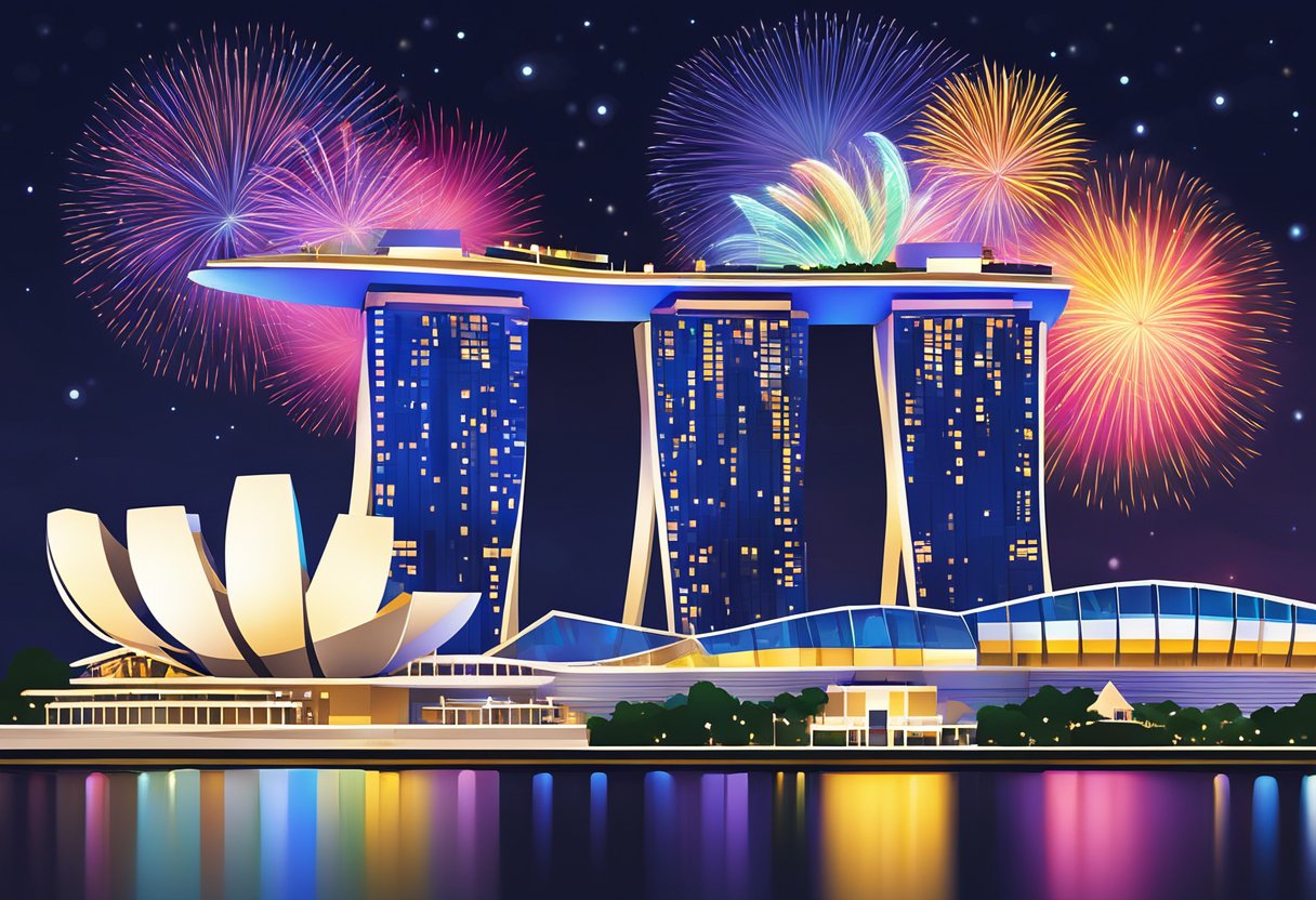 Vibrant fireworks illuminate the night sky above the iconic Marina Bay Sands in Singapore, casting a colorful glow over the bustling cityscape