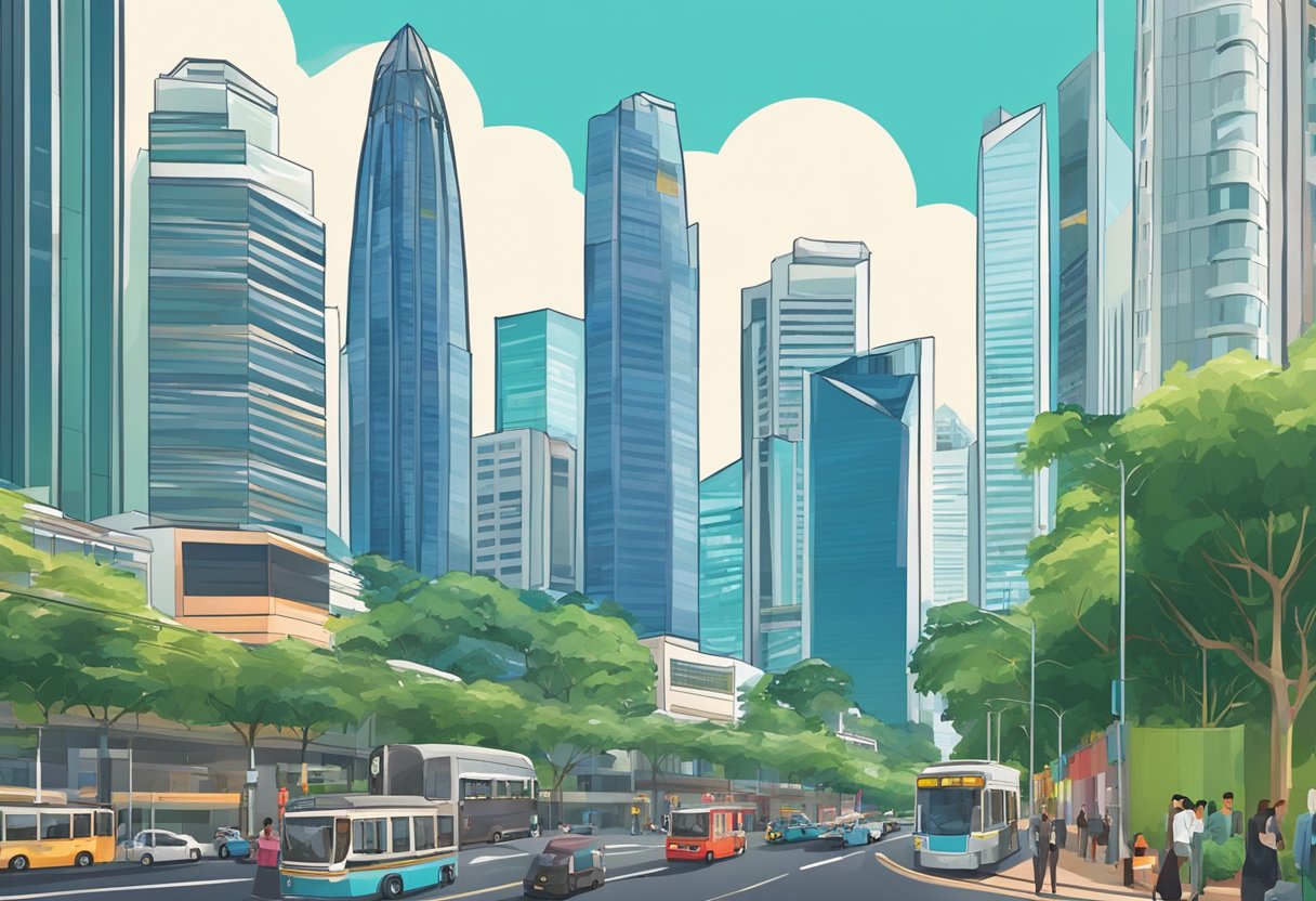 Busy streets of Singapore, with iconic skyscrapers and bustling traffic. A mix of modern and traditional architecture, with lush greenery and vibrant colors