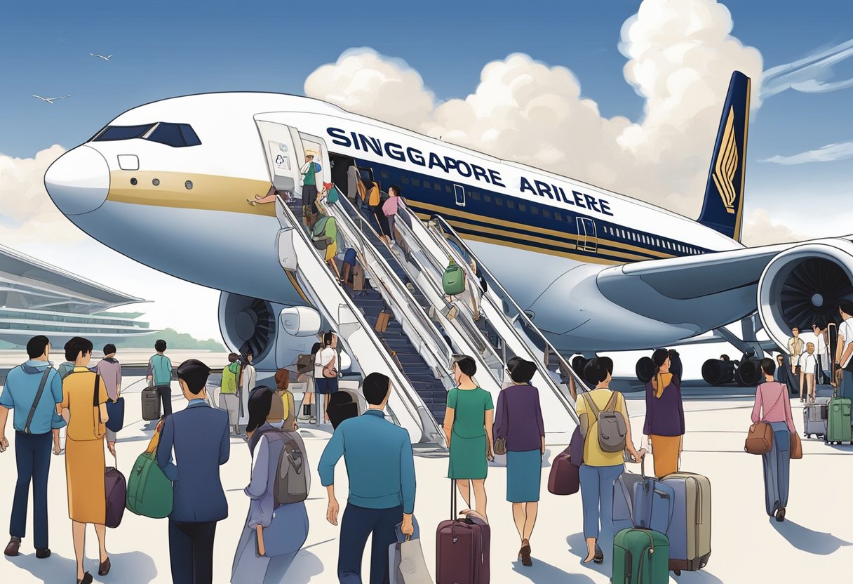 Passengers boarding a Singapore Airlines plane at Changi Airport, with the iconic control tower in the background. Inside, travelers relax in spacious seats, enjoying the airline's renowned service on the flight to London