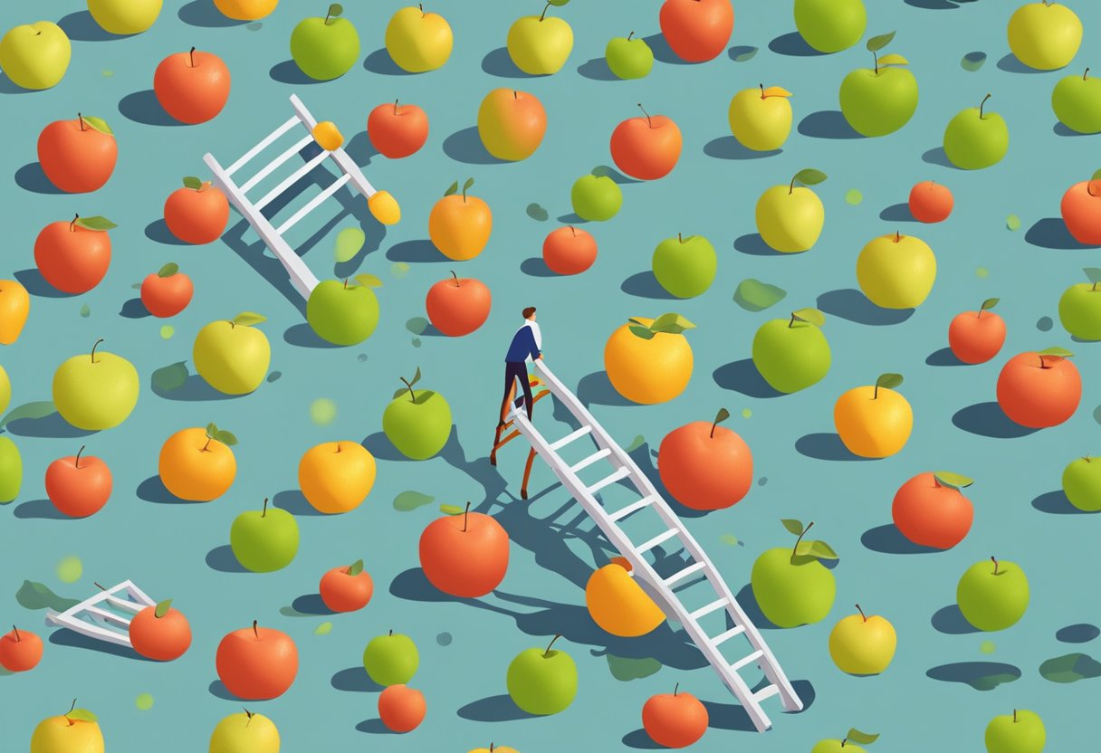 A fallen ladder lies next to a spilled bucket of apples. A figure is seen on the ground, surrounded by scattered fruit