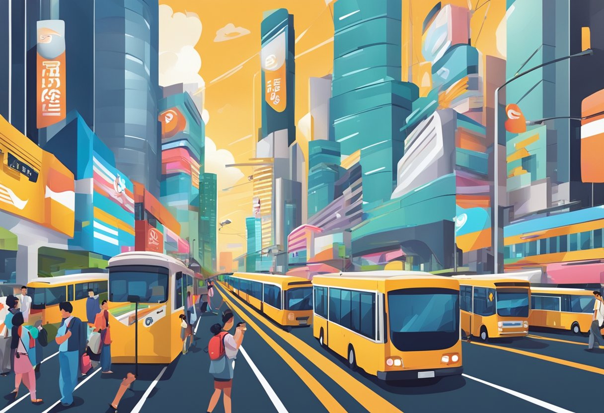 A bustling Singaporean street, with vibrant billboards and busy commuters. A smartphone displaying the Stomp logo is held high, capturing the energy and buzz of the city