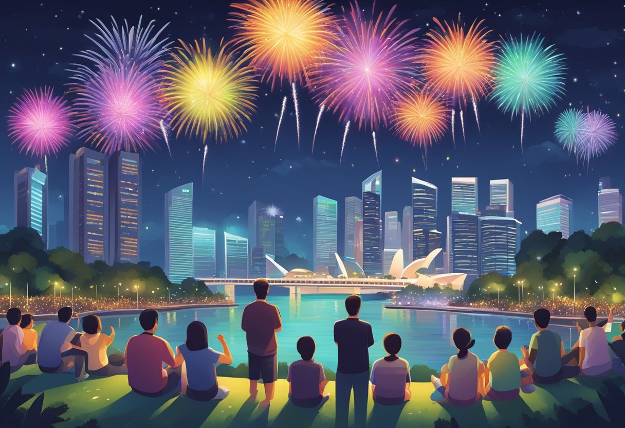 People gathered at a park, watching colorful fireworks light up the night sky over the Singapore skyline