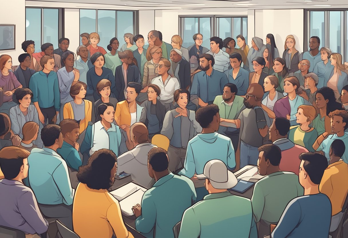 A crowded room with people engaged in passionate discussions, while a spotlight shines on a controversial incident