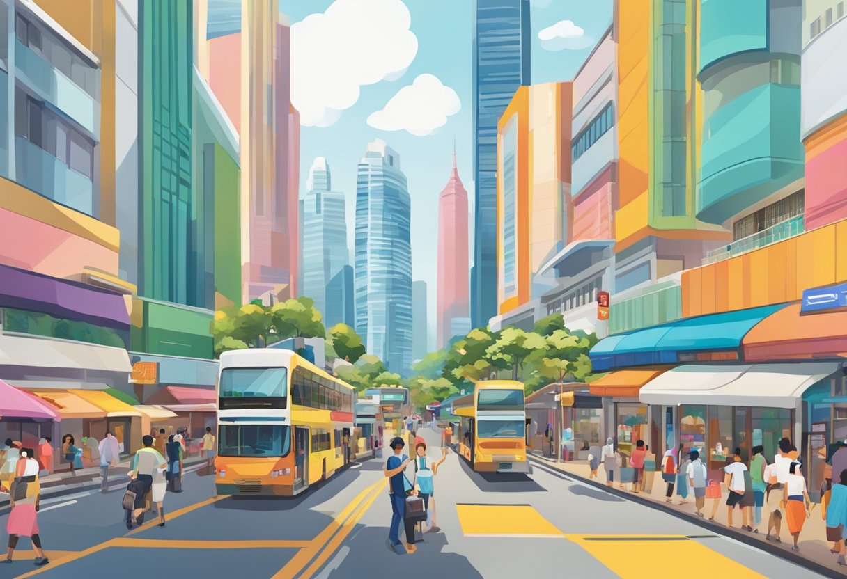 A bustling street in Singapore, with colorful storefronts and bustling activity. The iconic skyline of the city can be seen in the background, with its modern skyscrapers and vibrant atmosphere