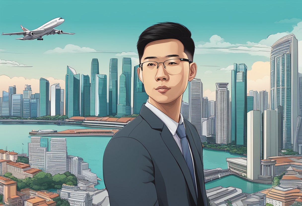 A profile of Benjamin Huang against the Singapore skyline, with iconic landmarks in the background