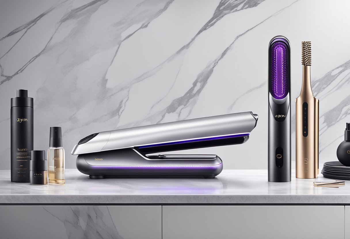 A sleek Dyson Airstrait™ Straightener sits on a marble countertop, surrounded by various hair styling products. The straightener's LED display glows softly, casting a futuristic and luxurious vibe