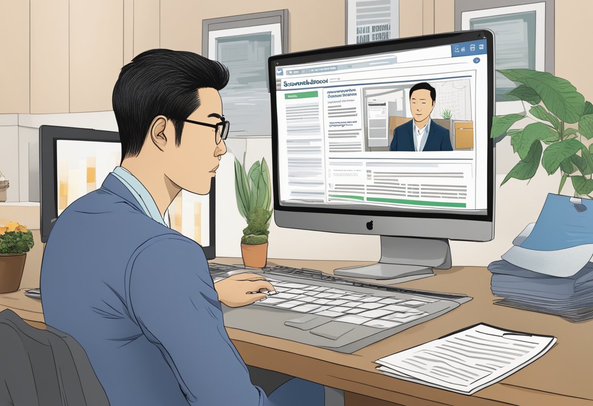 The scene depicts a computer screen displaying the Sugarbook website, with scandalous headlines and images of Benjamin Huang in the background