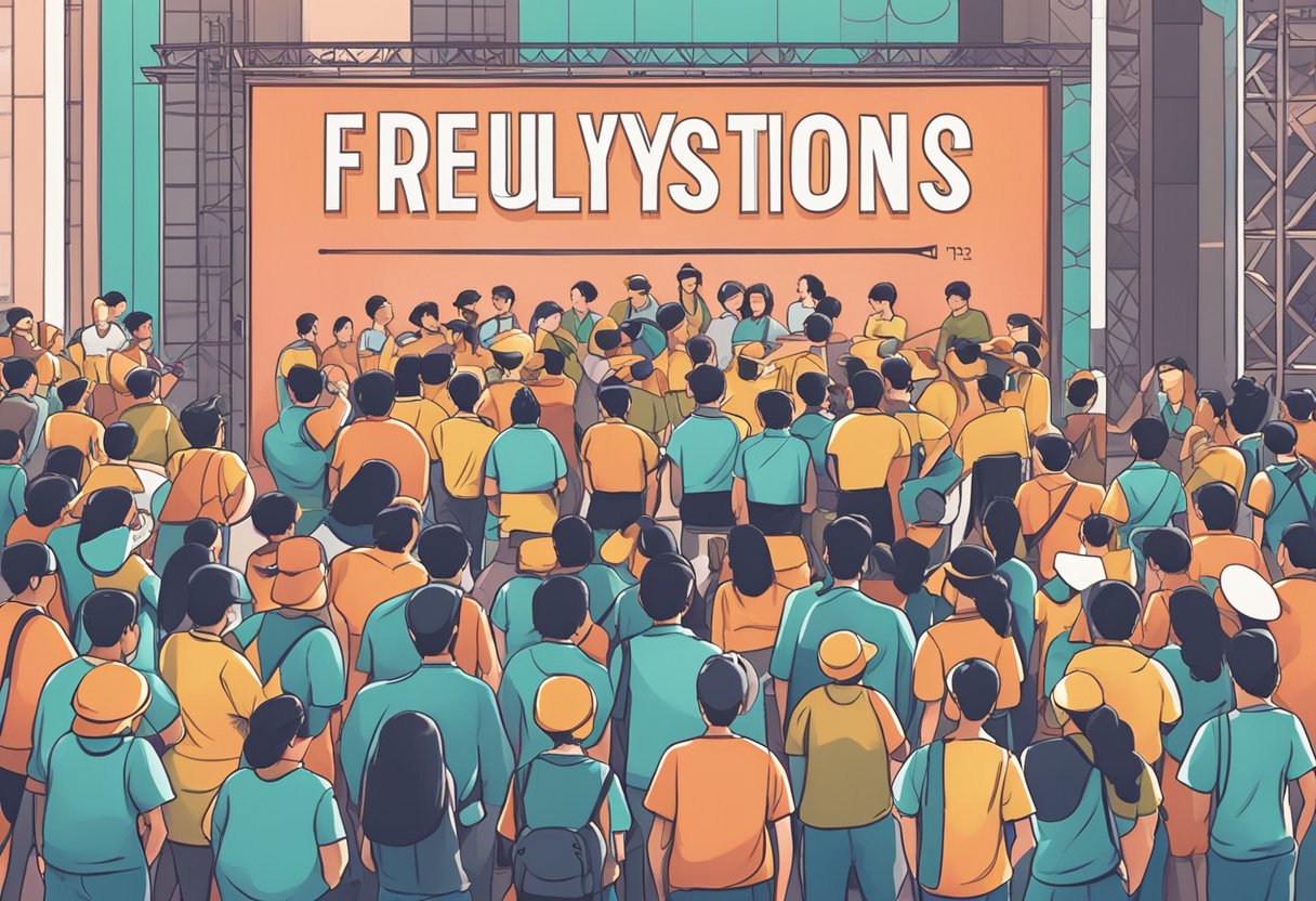 A crowd gathers around a large sign that reads "Frequently Asked Questions" at Stomp Singapore
