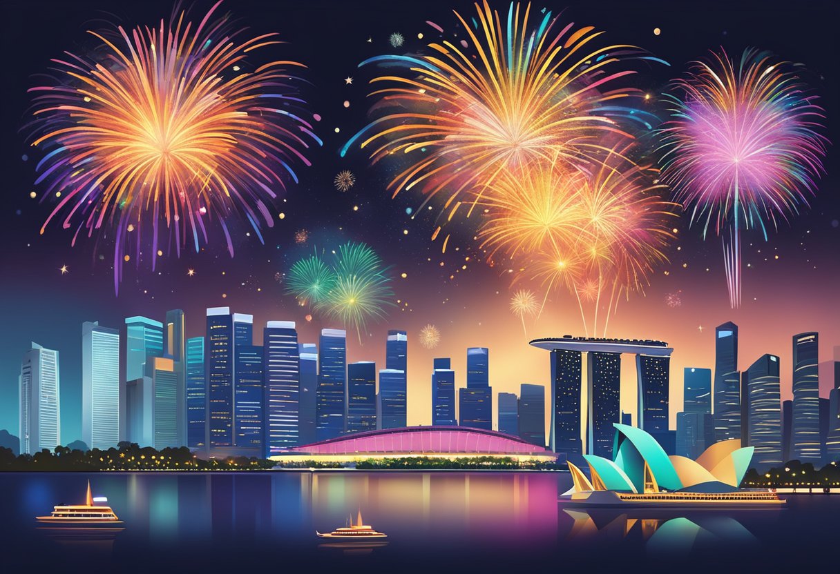 Colorful fireworks lighting up the night sky over the Singapore skyline, with crowds below watching in awe