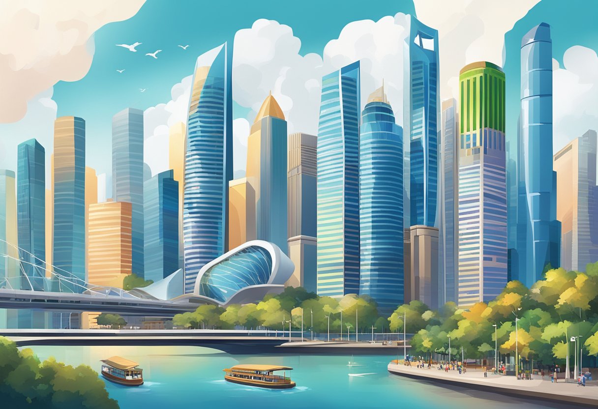 A bustling cityscape with iconic skyscrapers and a vibrant skyline, featuring the unique architectural landmarks of PDL Singapore