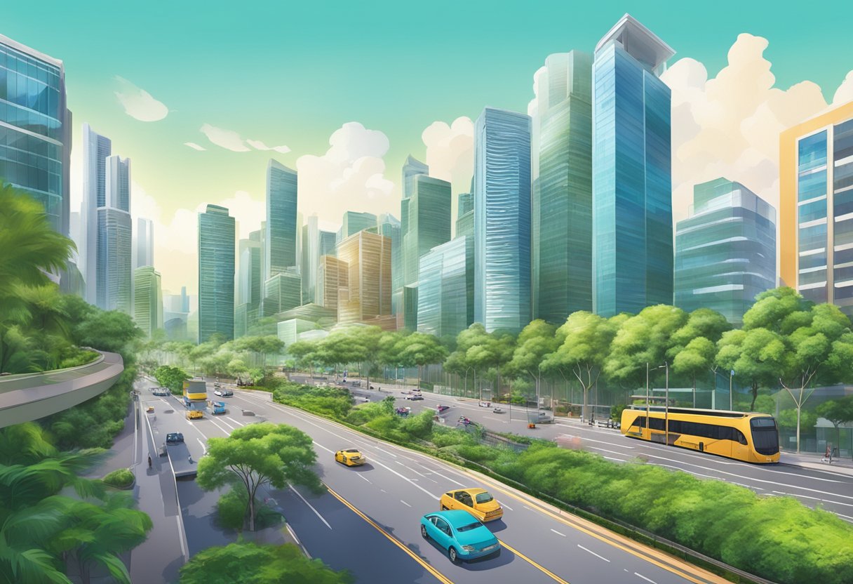 A bustling cityscape of modern skyscrapers, lush greenery, and vibrant street life in Trifecta Singapore