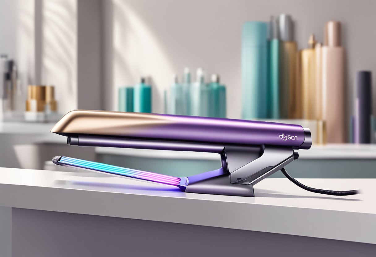 A sleek Dyson straightener displayed on a clean, modern countertop with a backdrop of a stylish salon or beauty store