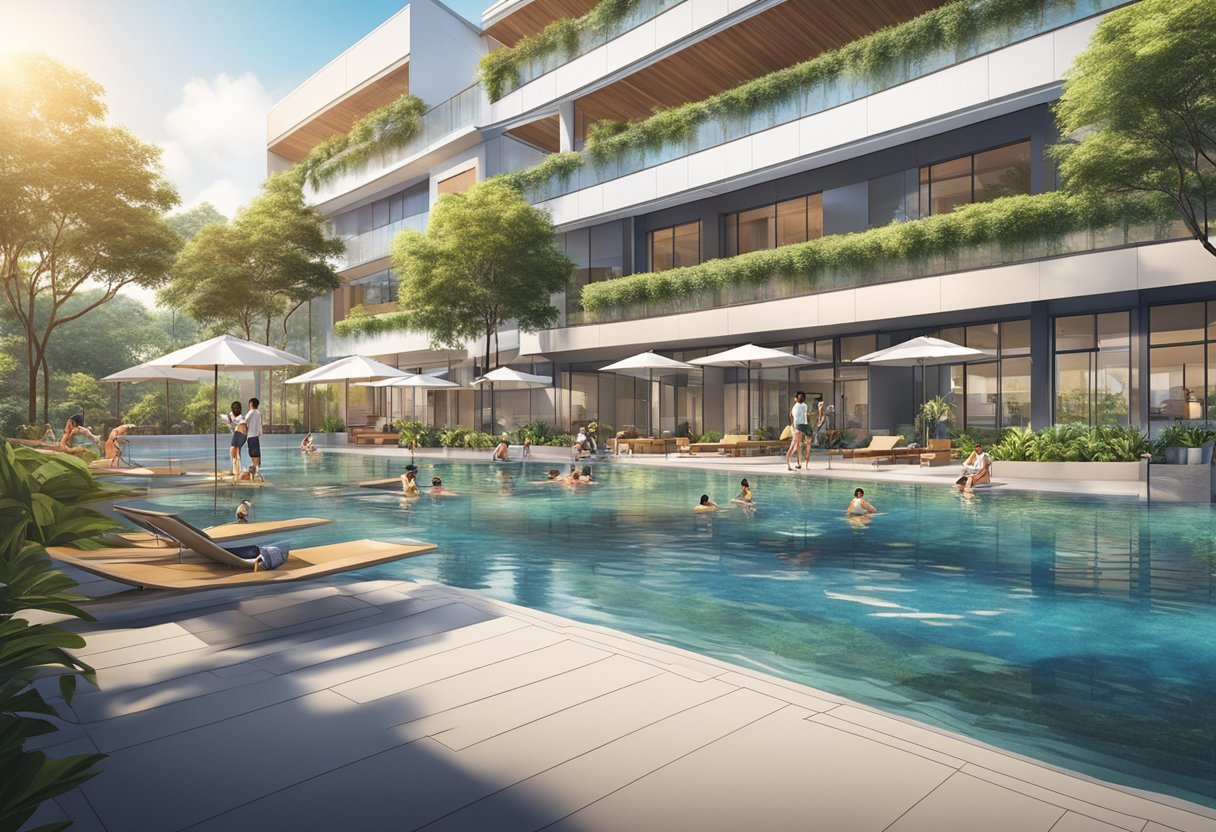 People enjoying the pool, gym, and wellness center at Trifecta Singapore. The sun shines on the modern building and lush landscaping