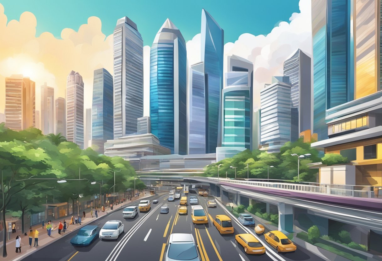 A bustling cityscape with modern skyscrapers and vibrant street life in the heart of Singapore