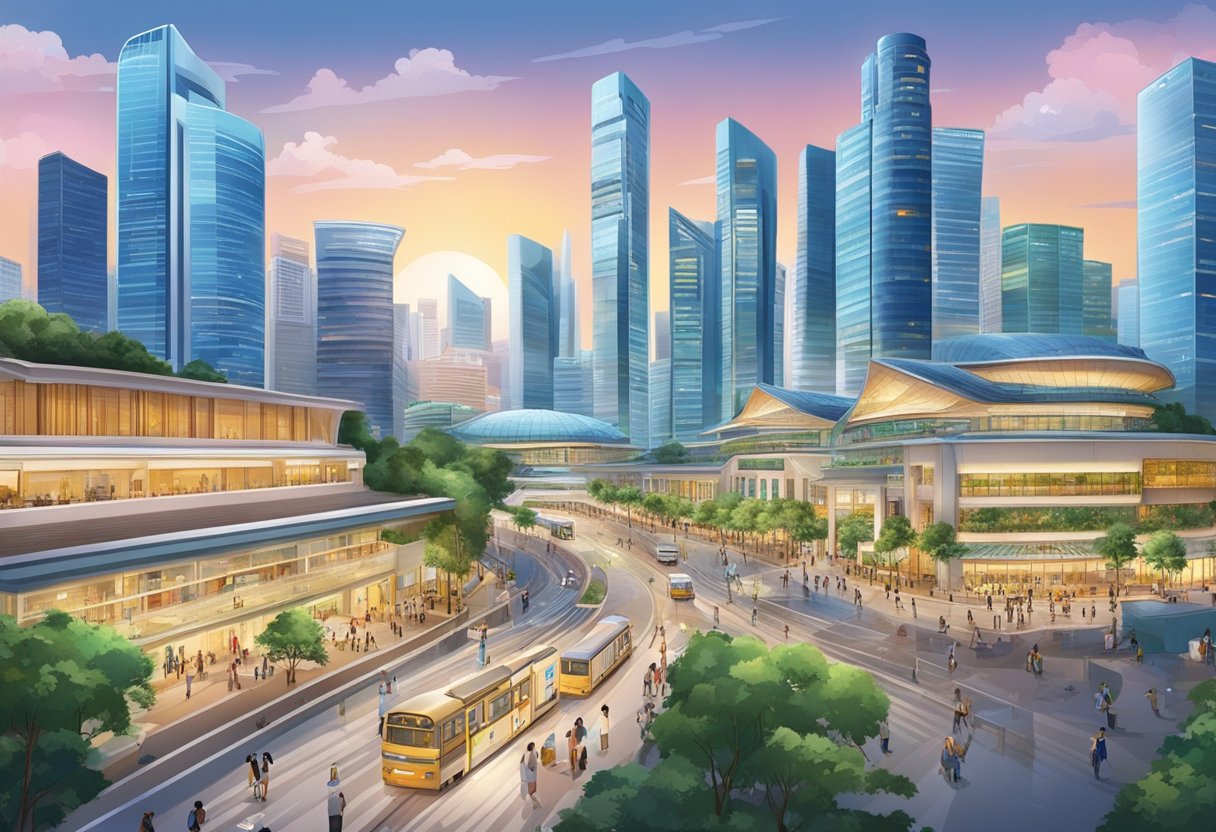 A bustling cityscape with modern amenities and services, showcasing the vibrant energy of Singapore's urban landscape