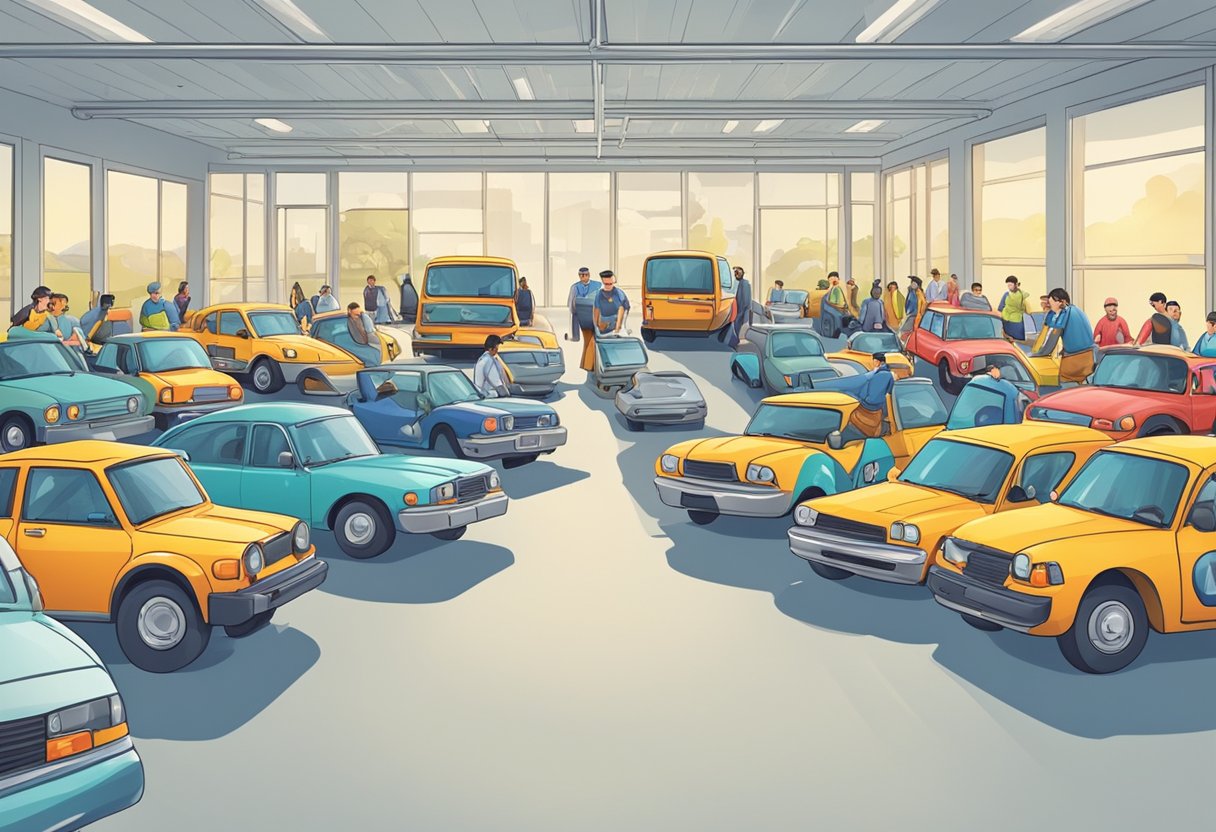 A bustling driving school with multiple instructors teaching students in a variety of vehicles, with a focus on safety and skill development