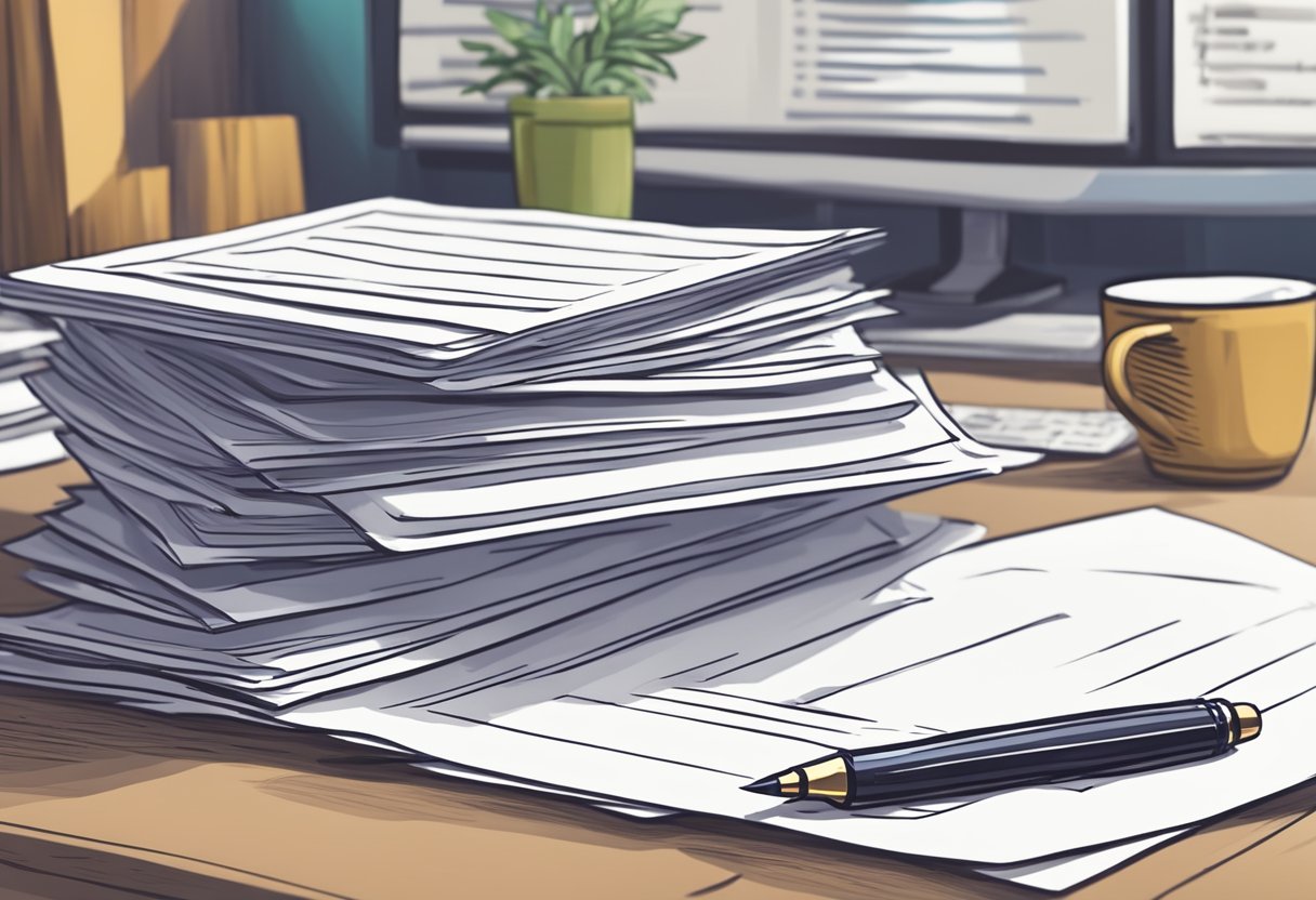 A stack of papers with "Frequently Asked Questions" printed on top, next to a computer and a pen