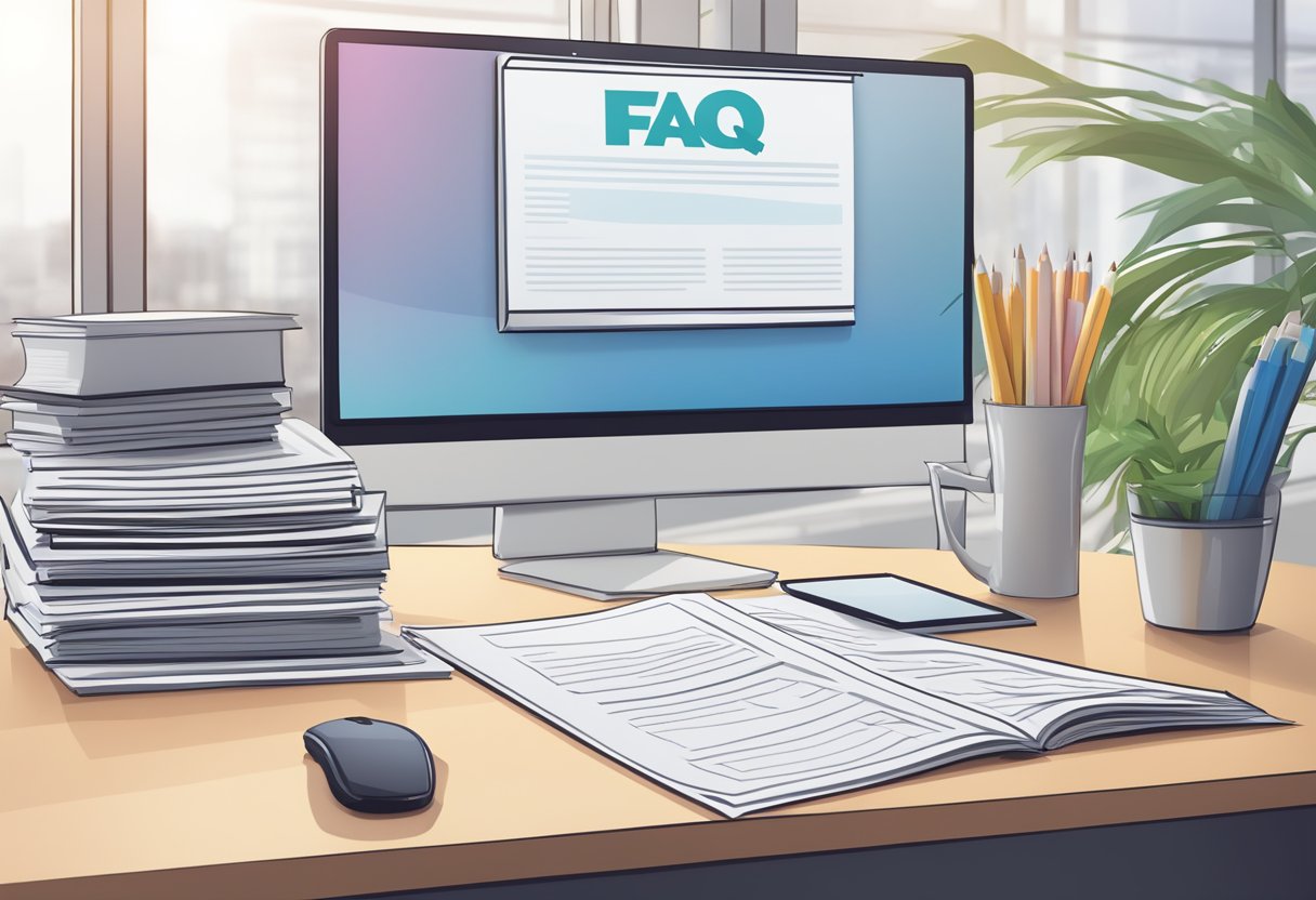 A stack of FAQ pamphlets on a clean, modern desk with a sleek computer monitor in the background