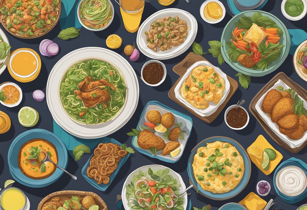 A table filled with various dishes from BHC's signature flavors, surrounded by vibrant decor and a bustling atmosphere