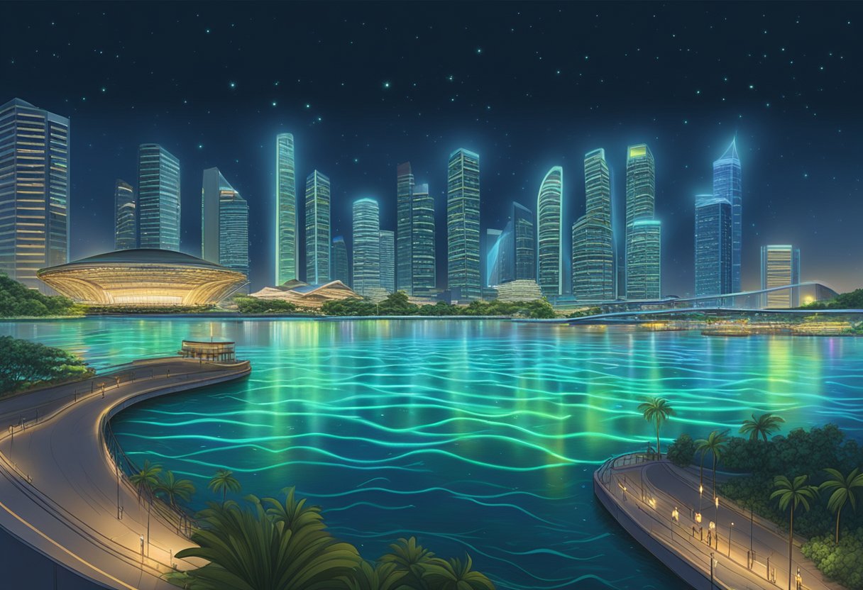 The bioluminescent waves in Singapore shimmer and glow with a mesmerizing blue-green light, casting an otherworldly and enchanting glow over the dark waters