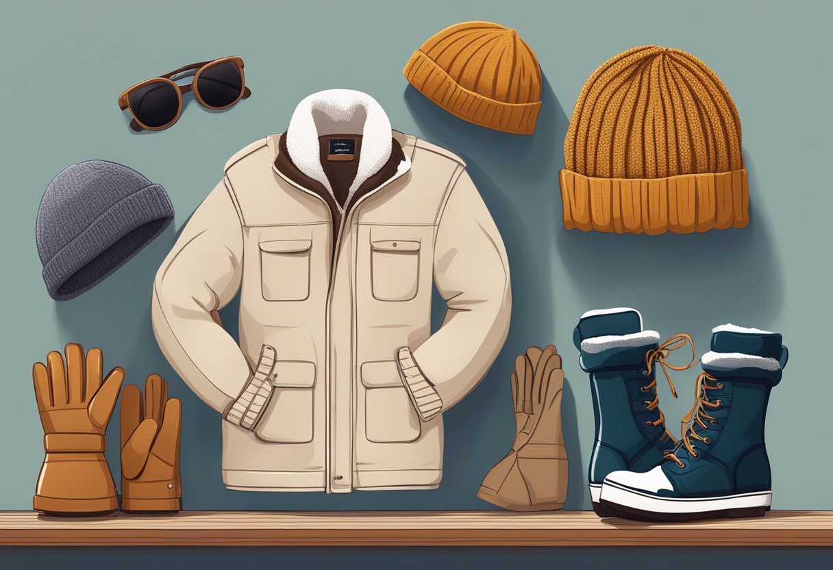 A cozy scarf, gloves, and a beanie lay on a table next to a warm jacket and boots