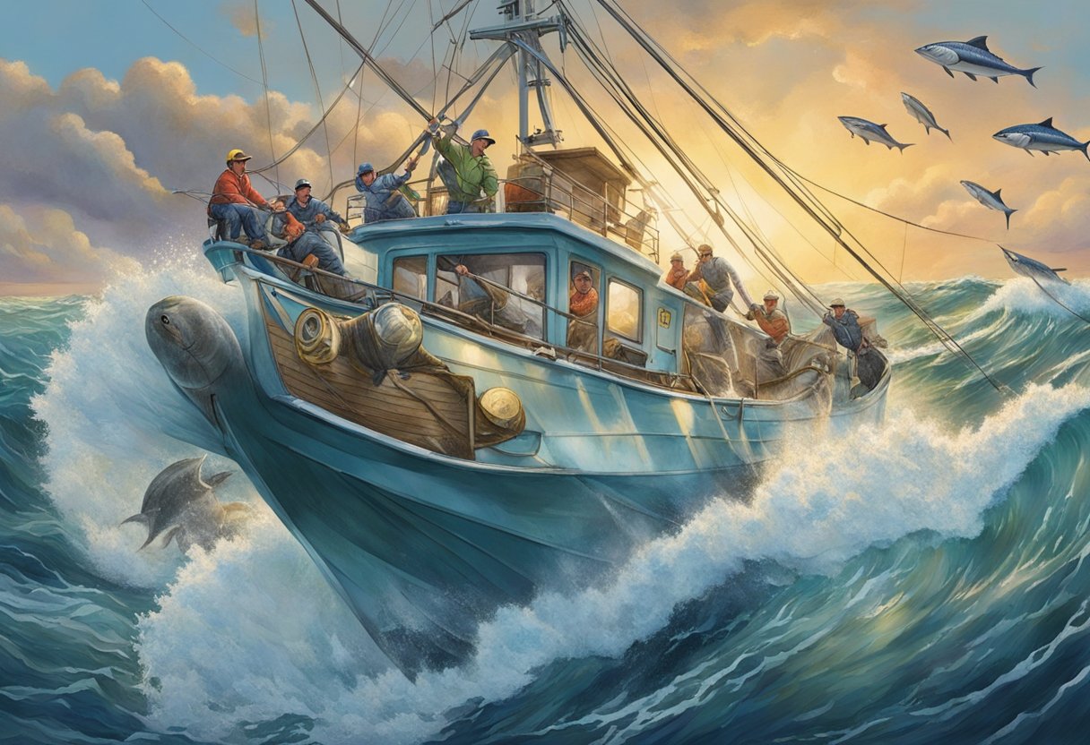 Duffy's boat battles a massive tuna, waves crashing over the deck as the crew struggles to reel in the enormous fish