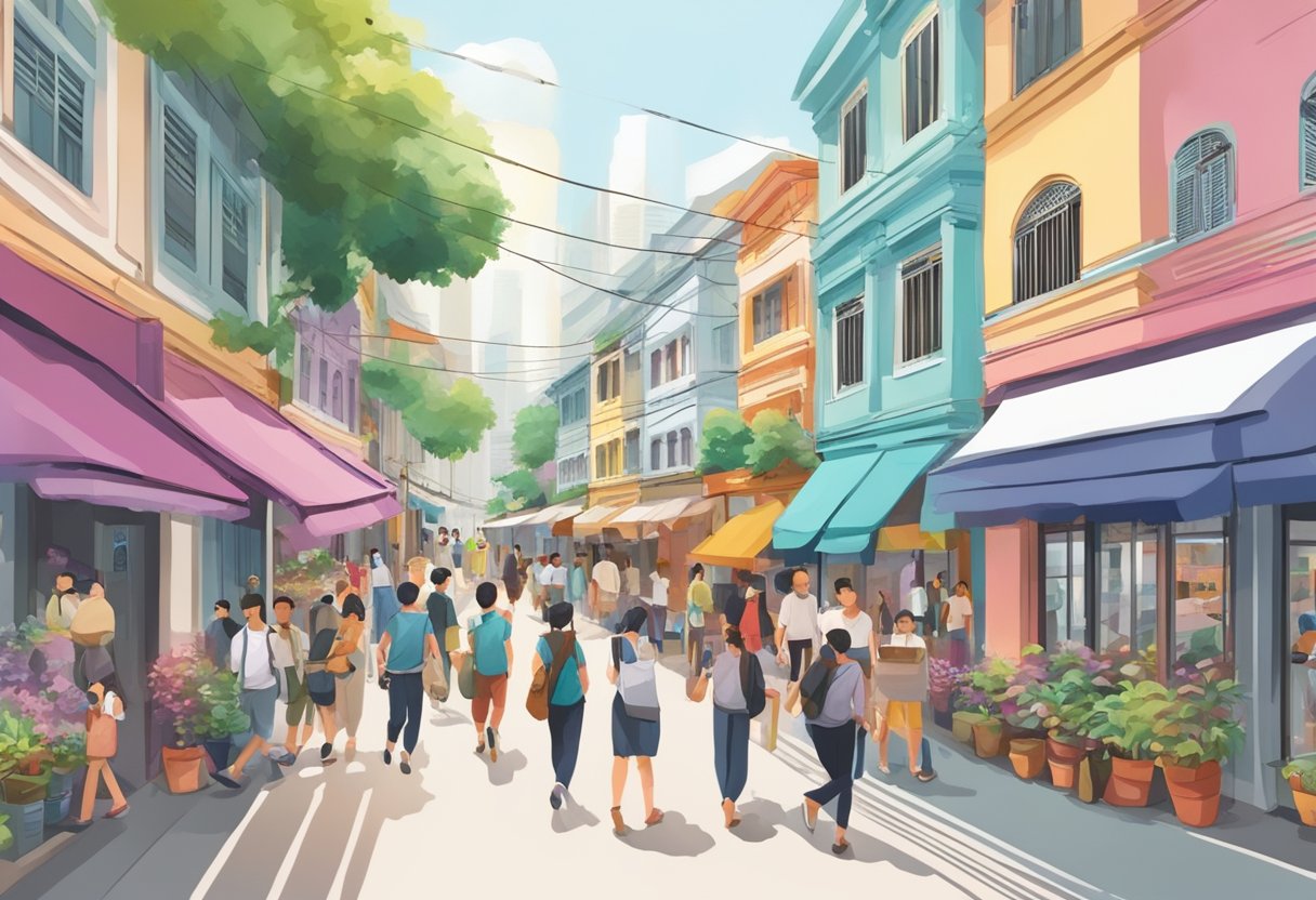 A bustling Singapore street with colorful storefronts and diverse people interacting, showcasing the cultural and operational insights of the city