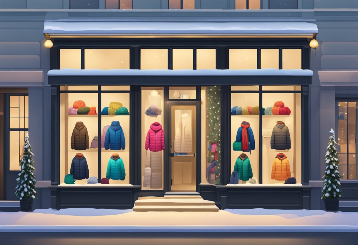 A cozy boutique in Singapore displays racks of winter jackets, scarves, and gloves. The storefront window showcases colorful beanies and thermal socks