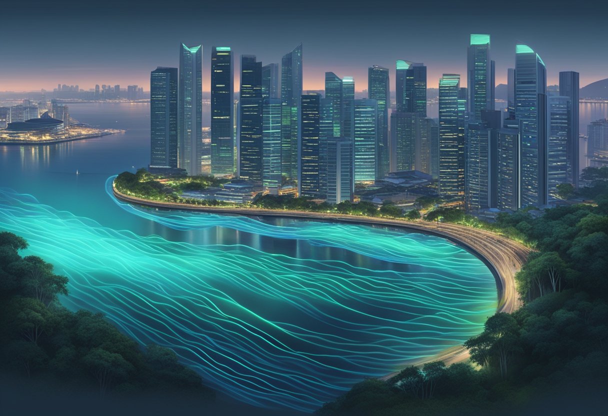 The bioluminescent waves in Singapore glow brightly, illuminating the dark waters with a mesmerizing blue-green light