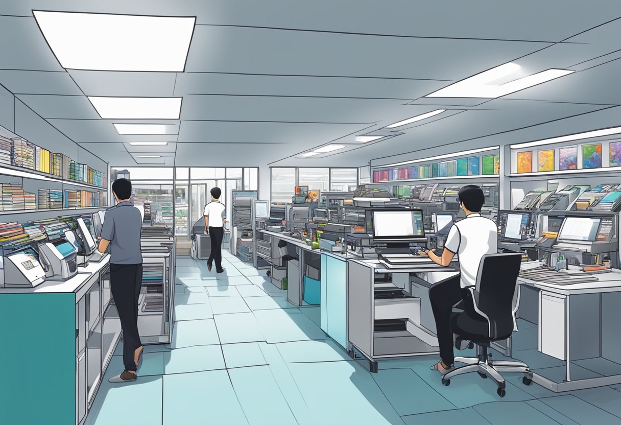 A bustling print shop in Singapore, with rows of high-tech printers, vibrant posters on display, and a team of staff assisting customers