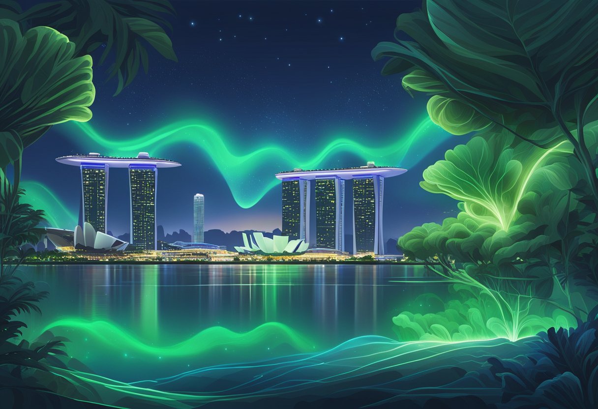 Bioluminescent waves illuminate the dark waters of Singapore, creating a mesmerizing display of glowing blue and green light