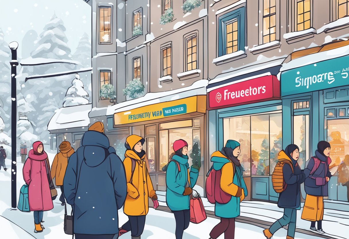 A snowy street with people in winter wear, browsing a sign that reads "Frequently Asked Questions winter wear singapore"