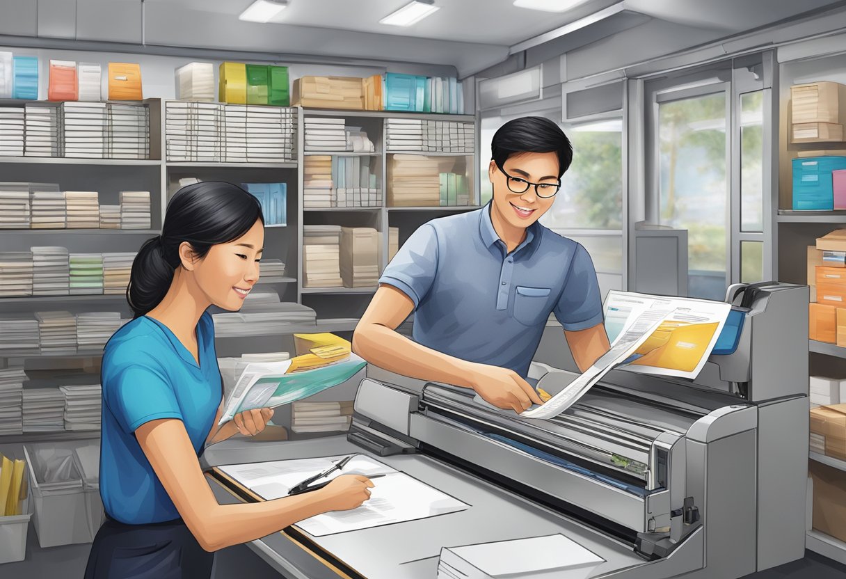 Customers order prints, discuss options with staff, and receive a friendly, efficient service at the print shop in Singapore