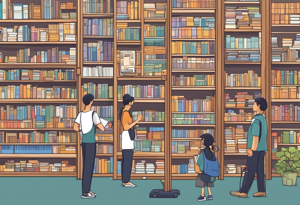 A bustling book depository in Singapore with towering shelves and colorful books. Customers browse while staff organize and restock shelves