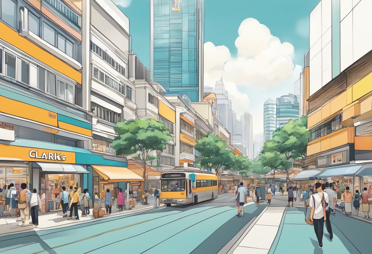 A bustling street in Singapore, with colorful storefronts and bustling crowds. The iconic Clarks store stands out with its sleek and modern design