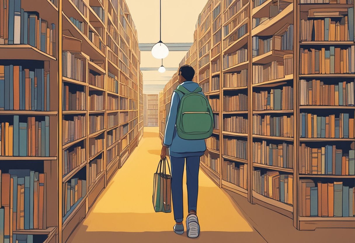 A person walks through rows of towering bookshelves in Book Depository, surrounded by books of all genres and sizes. The warm lighting and cozy atmosphere invite further exploration