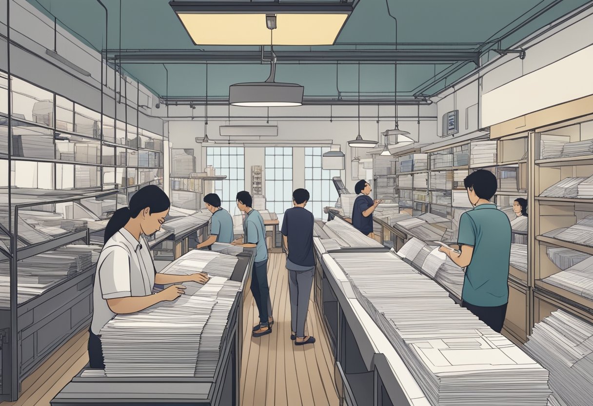 A bustling print shop in Singapore, with customers browsing paper samples and discussing design options with staff. The sound of printers humming fills the air
