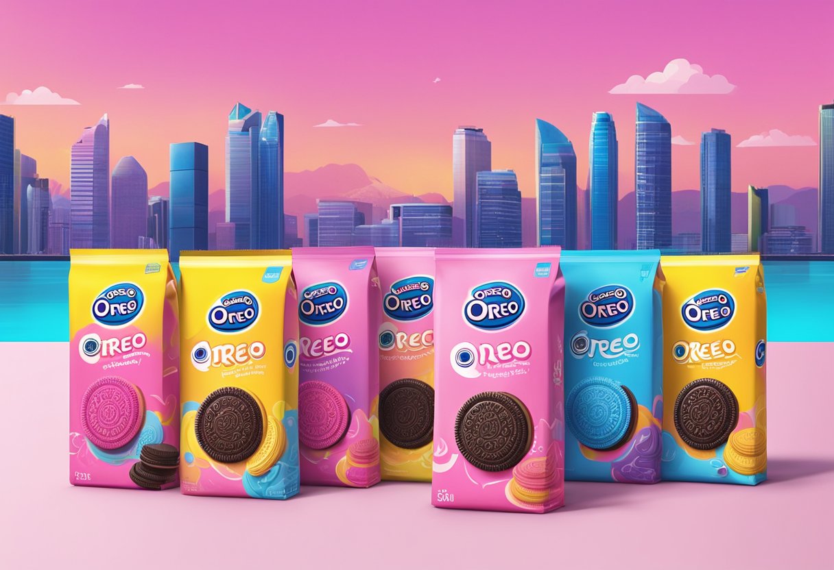 A colorful display of Blackpink Oreo cookies in Singapore. The iconic packaging and vibrant colors stand out against a modern city backdrop