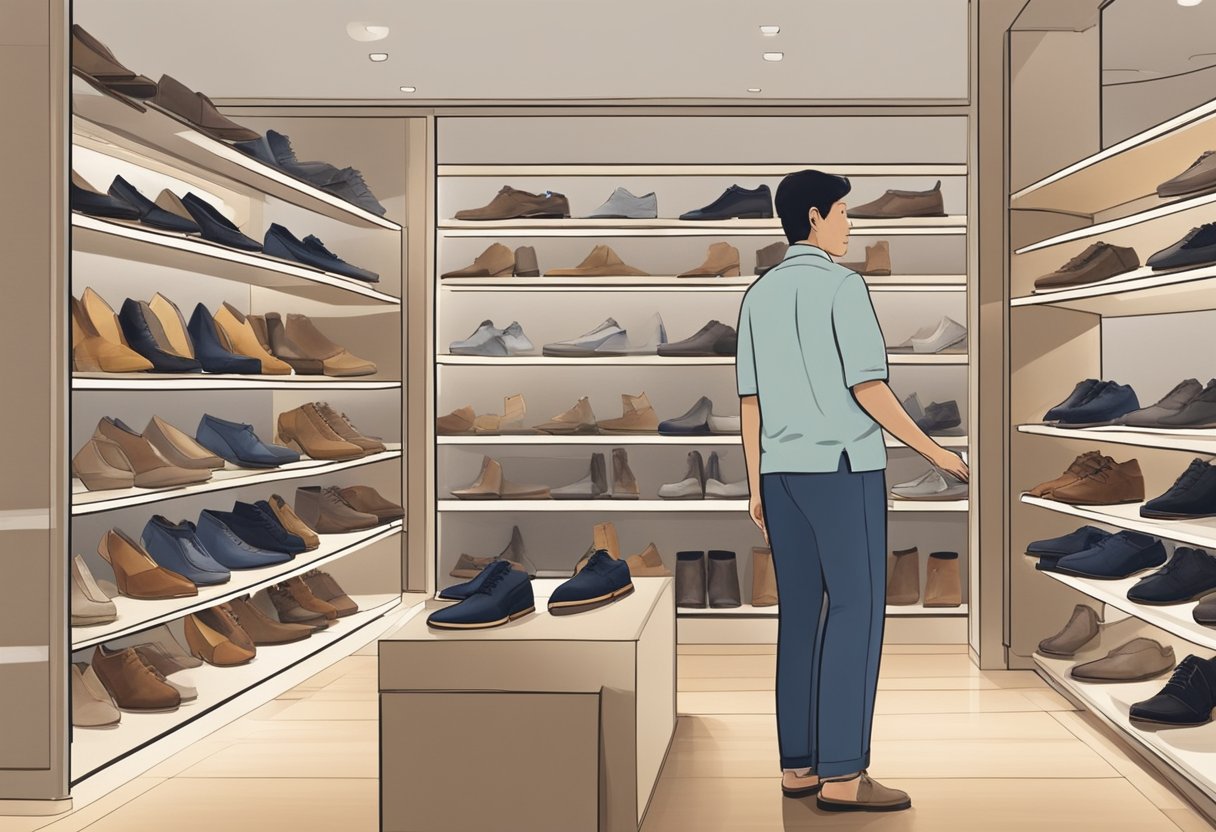 A customer tries on a pair of Clarks shoes in a well-lit, spacious store in Singapore. The shelves are neatly organized, showcasing a variety of stylish and comfortable footwear options