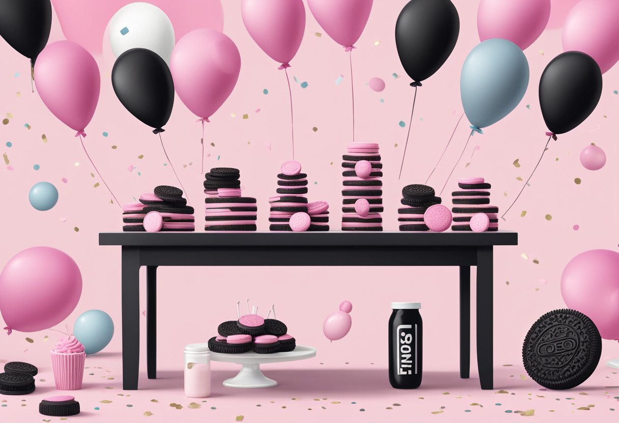 A table with black and pink Oreo packages arranged neatly, surrounded by balloons and confetti, with a banner reading "Product Launch Details" in Singapore