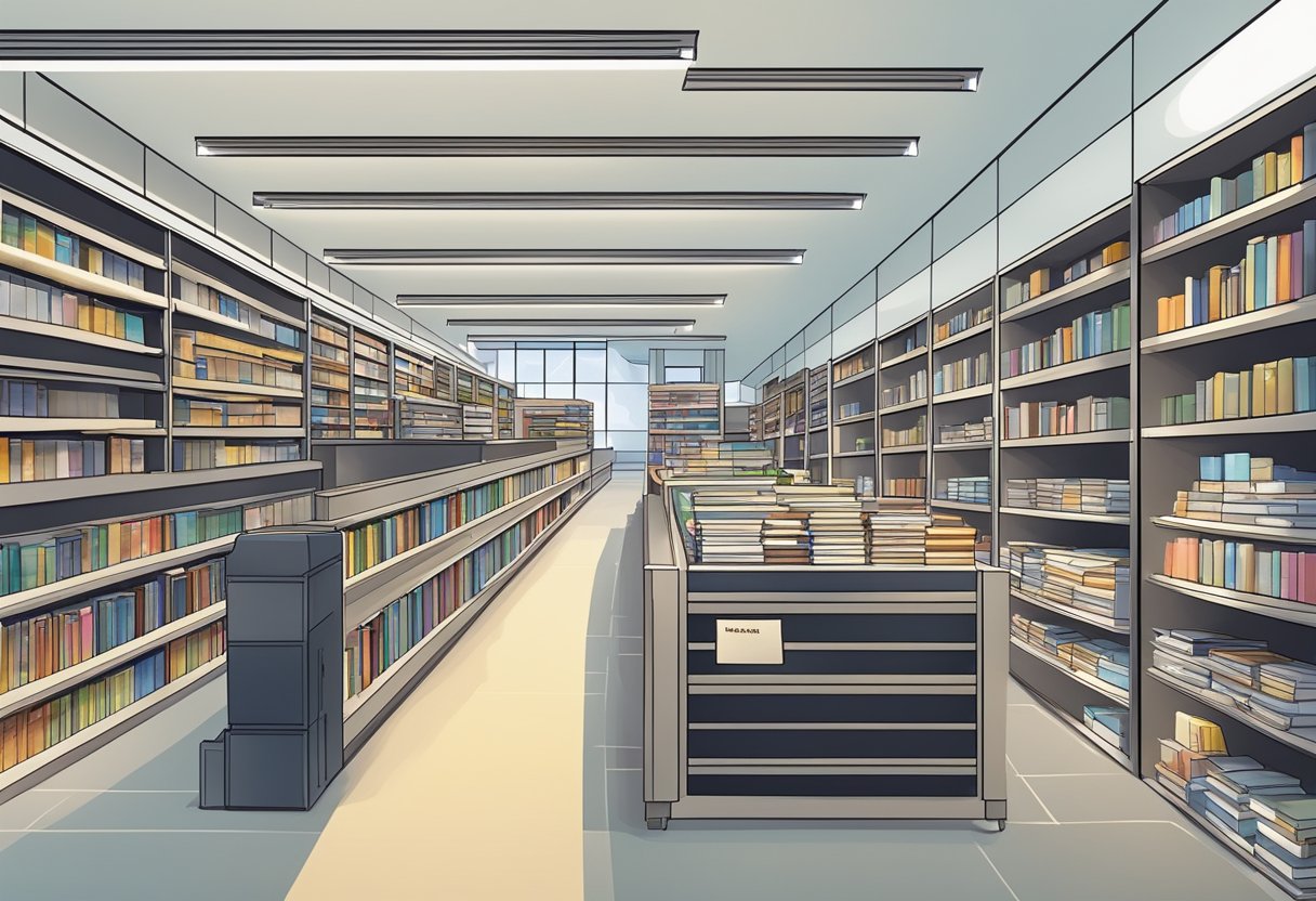 A modern book depository in Singapore, featuring a sleek design, automated book retrieval system, and a wide range of services for book lovers