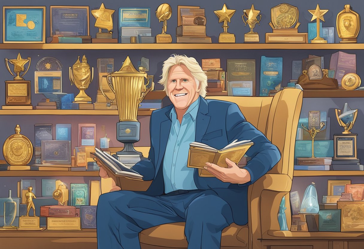 Gary Busey's awards fill a shelf, surrounded by glowing reviews and accolades. The room is alive with excitement and admiration for his achievements