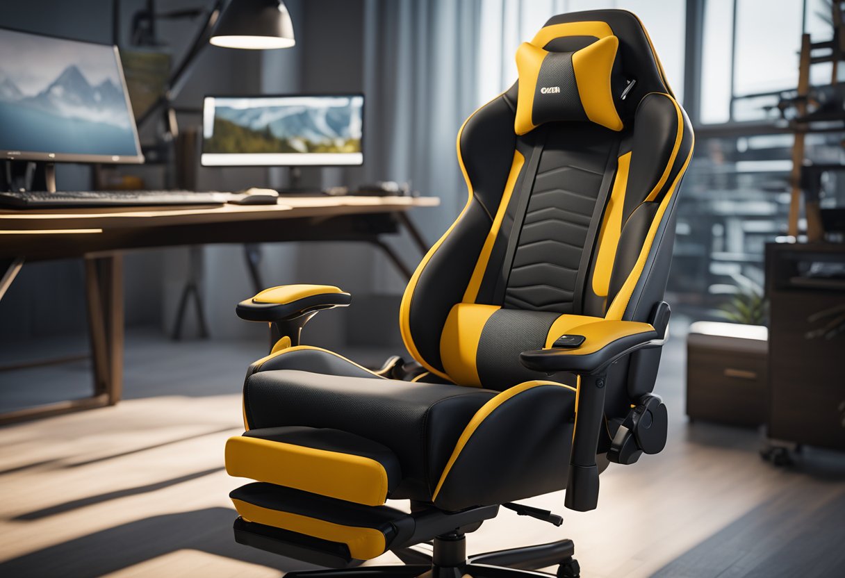 A gaming chair with lumbar support and adjustable armrests, promoting good posture and comfort during long gaming sessions