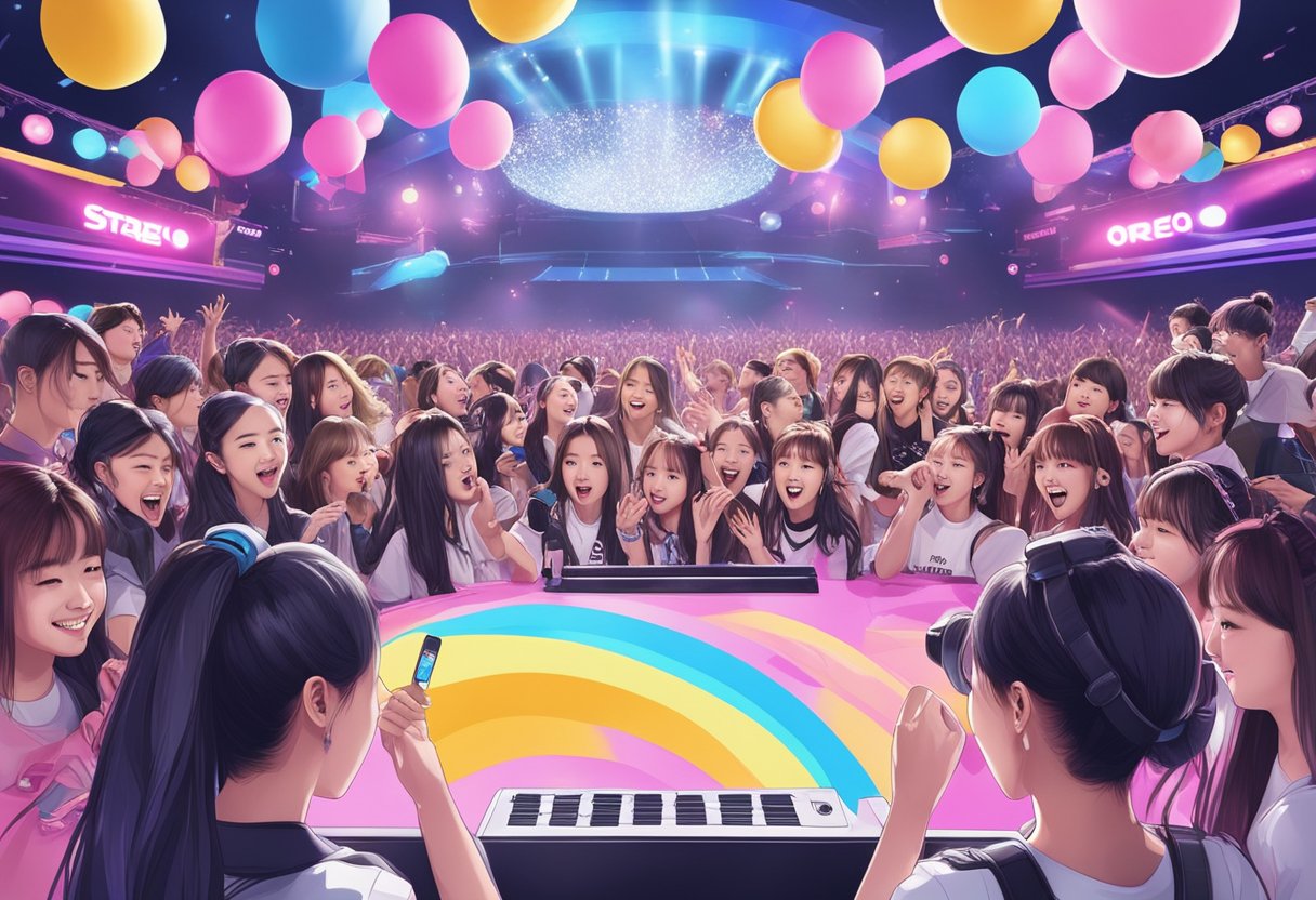A stage with Blackpink and Oreo logos, surrounded by excited fans and colorful promotional banners